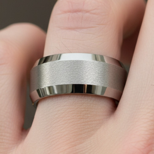 Men's 10mm Extra Wide Tungsten Wedding Band, Brushed Silver, Beveled Edge Ring