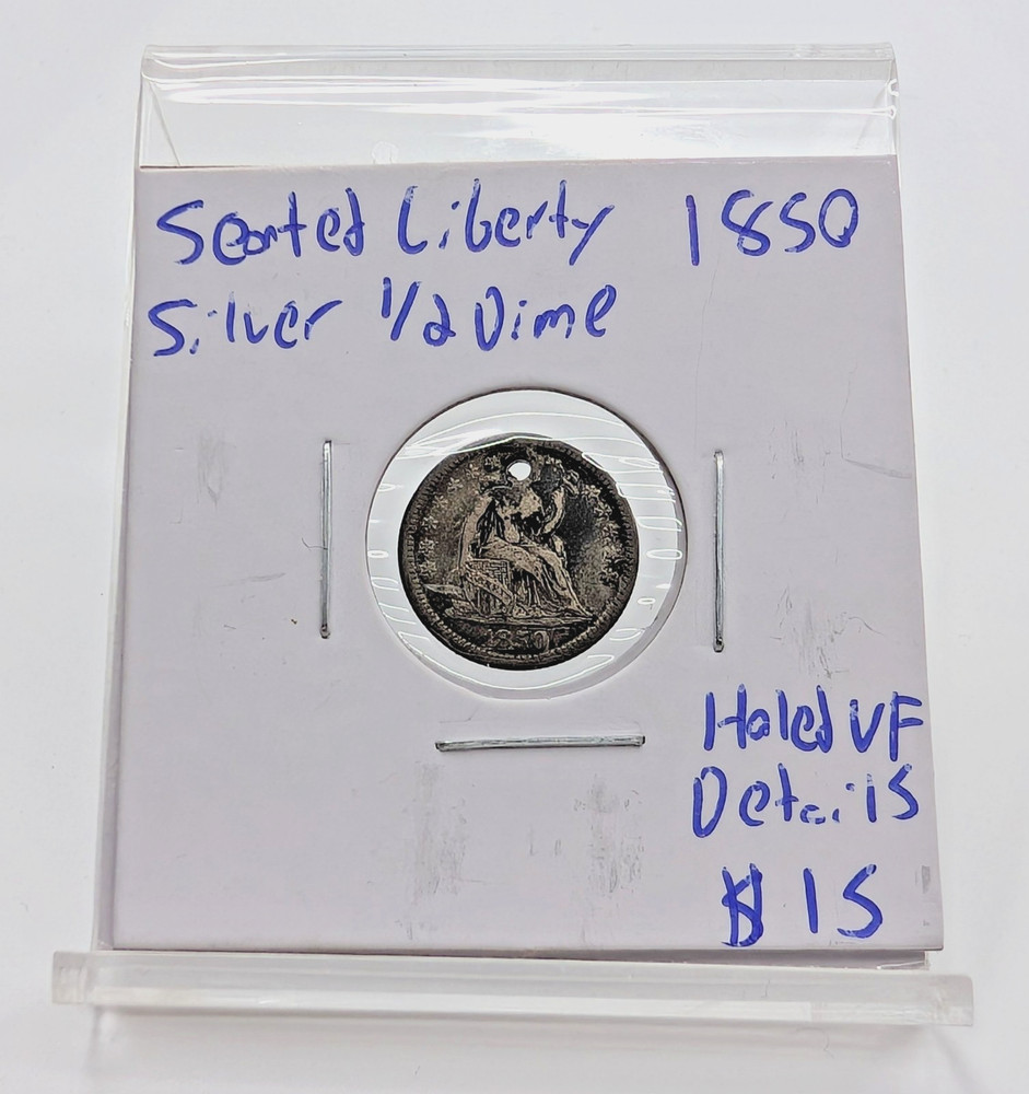 1850- US Seated Liberty Silver Half Dime- Holed VF Details