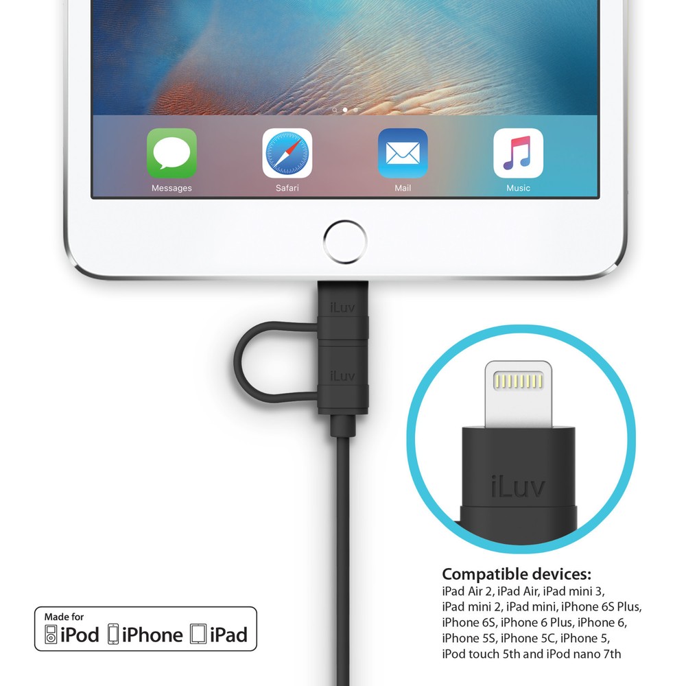 iLuv ICB267 2-in-1 SYNC/CHARGE Lightning Cable with Micro USB for Apple/Android.