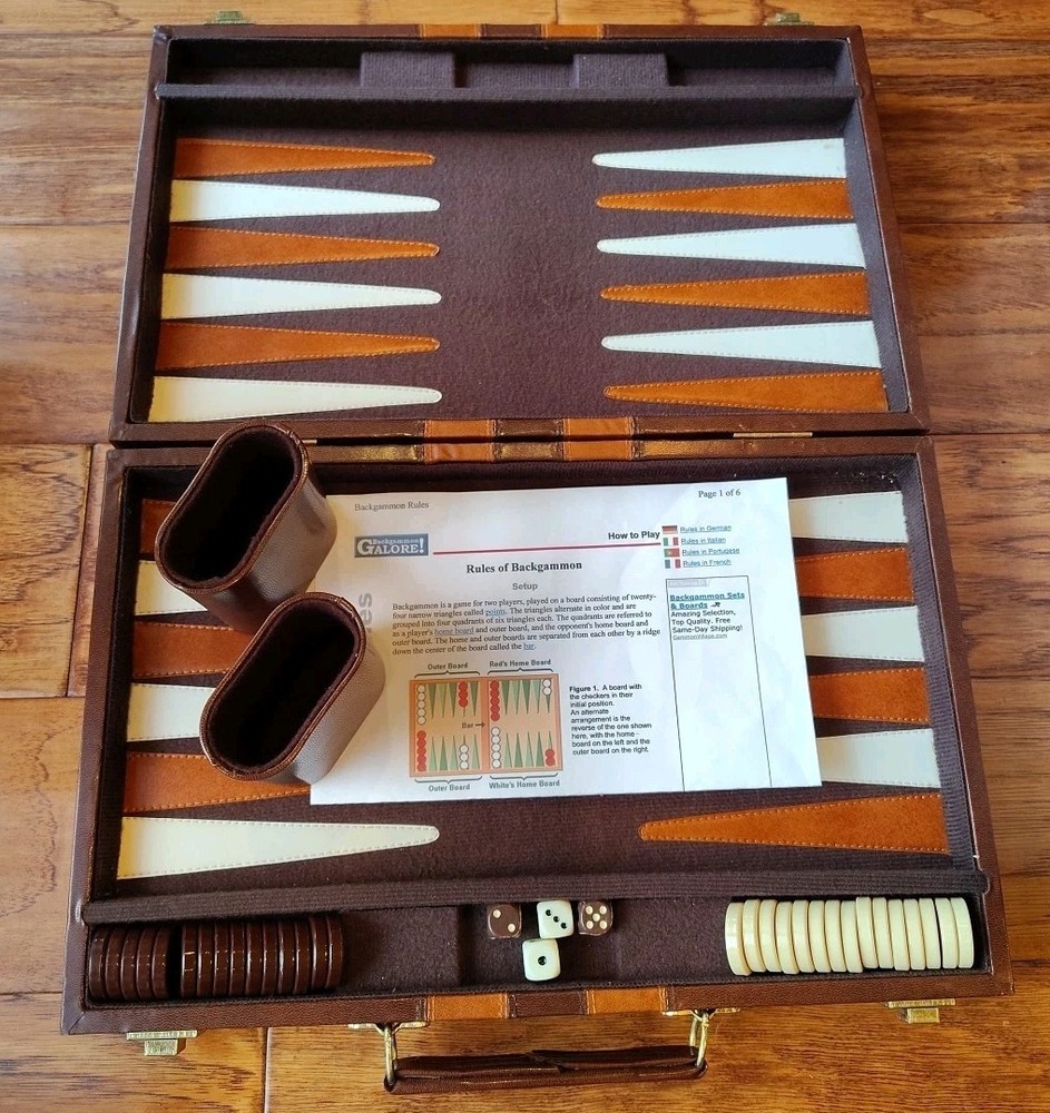 Vintage BACKGAMMON Game And Brown Case Set 10"x15"