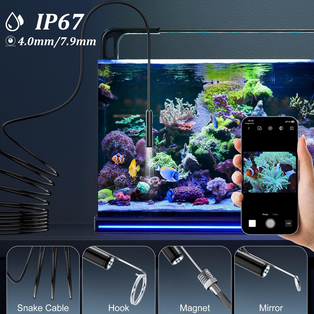 Endoscope Camera with Light, 1920P HD Borescope with 8 Adjustable LED Lights,...