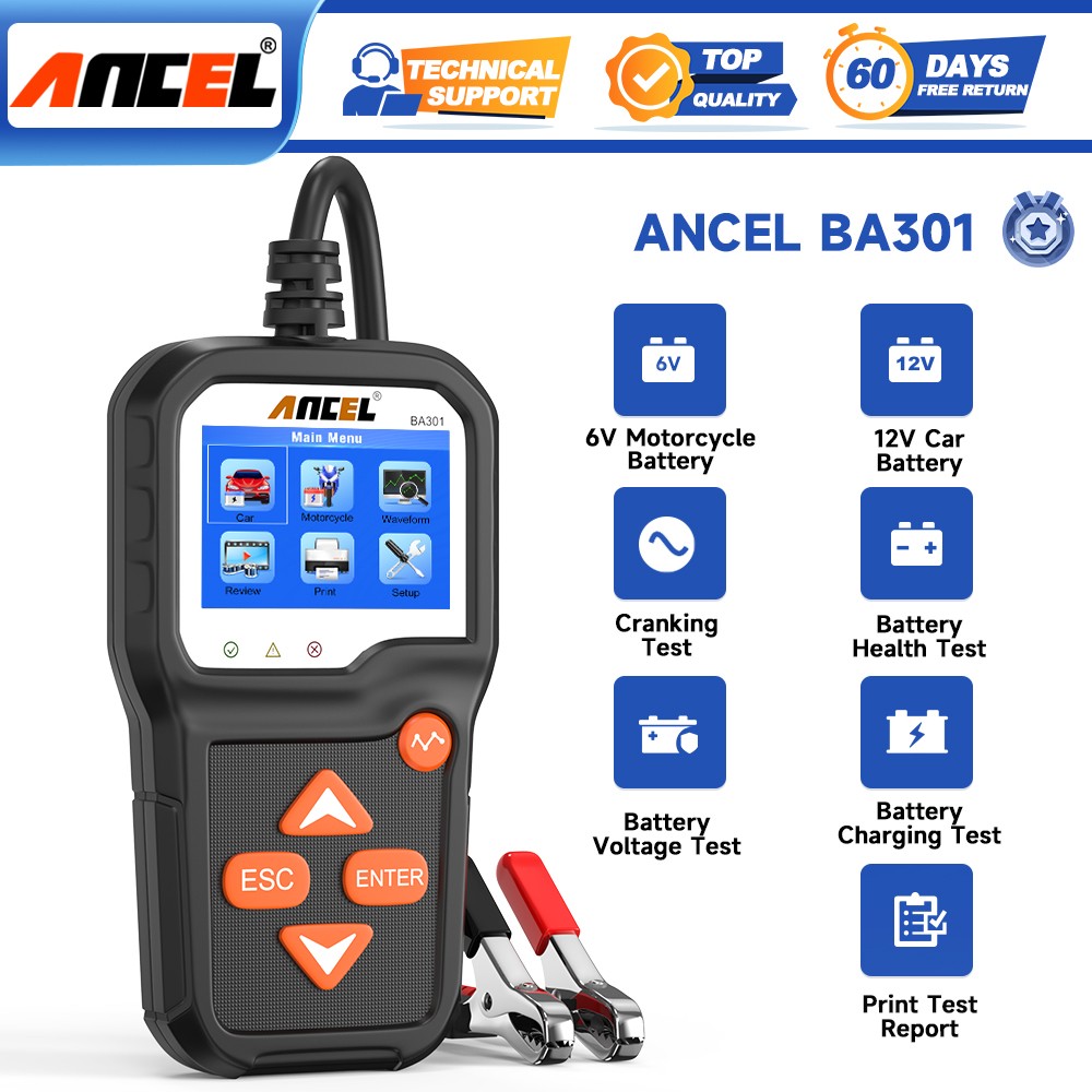 ANCEL BA301 Car Battery Load Tester Motorcycle 6V 12V Charging System Analyzer