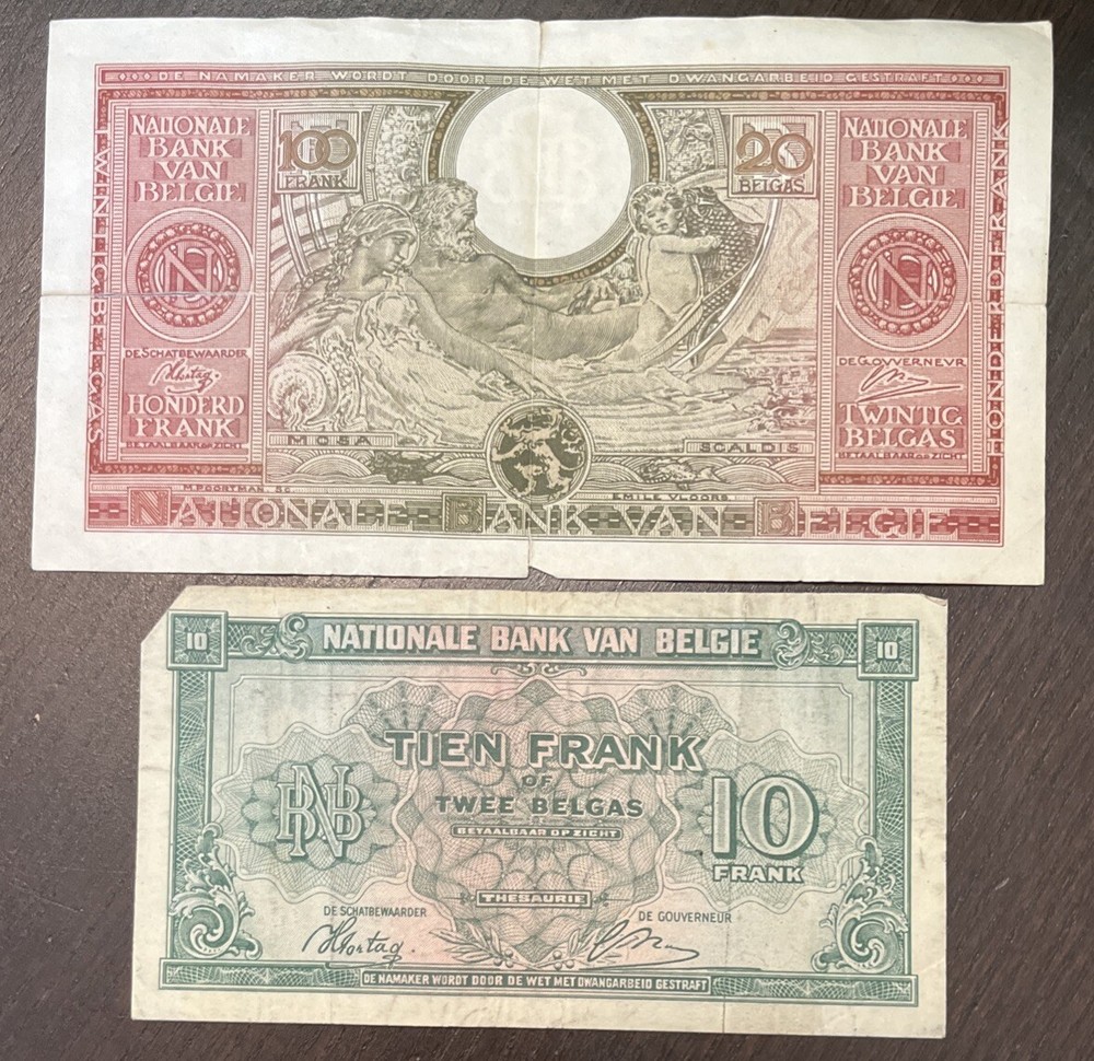 BRLGIUM 1943 10 Francs 100 Francs 2 Banknotes
