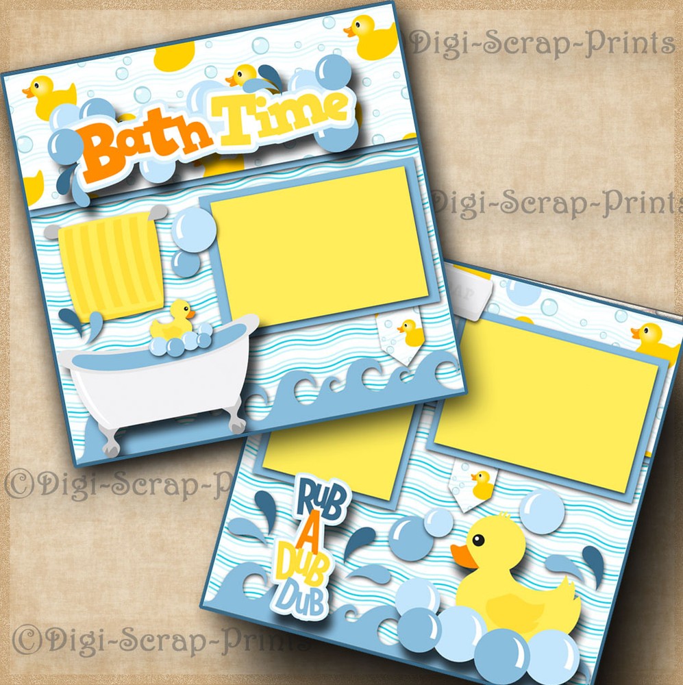 BATH TIME baby 2 premade scrapbook pages paper piecing layout DIGISCRAP #A0083