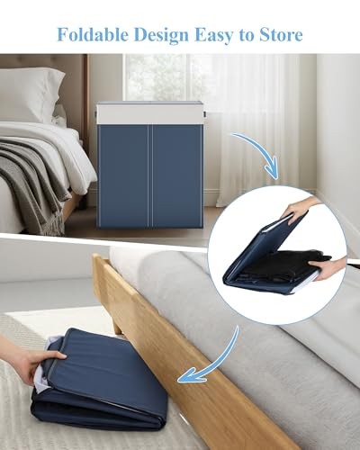 145L Double Laundry Hamper with Lid for Home, Dual Compartments blue & white
