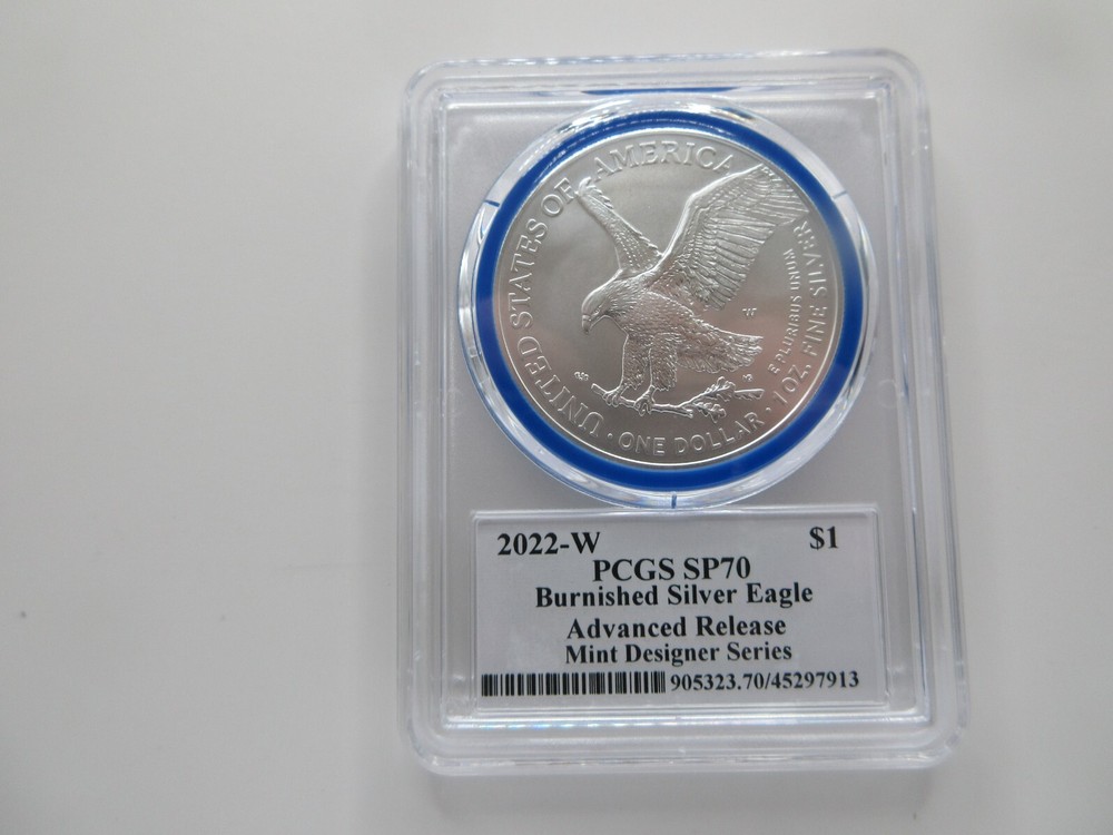 2022-W Burnished Silver Eagle Advanced Release; Mint Designer Damstra PCGS SP70