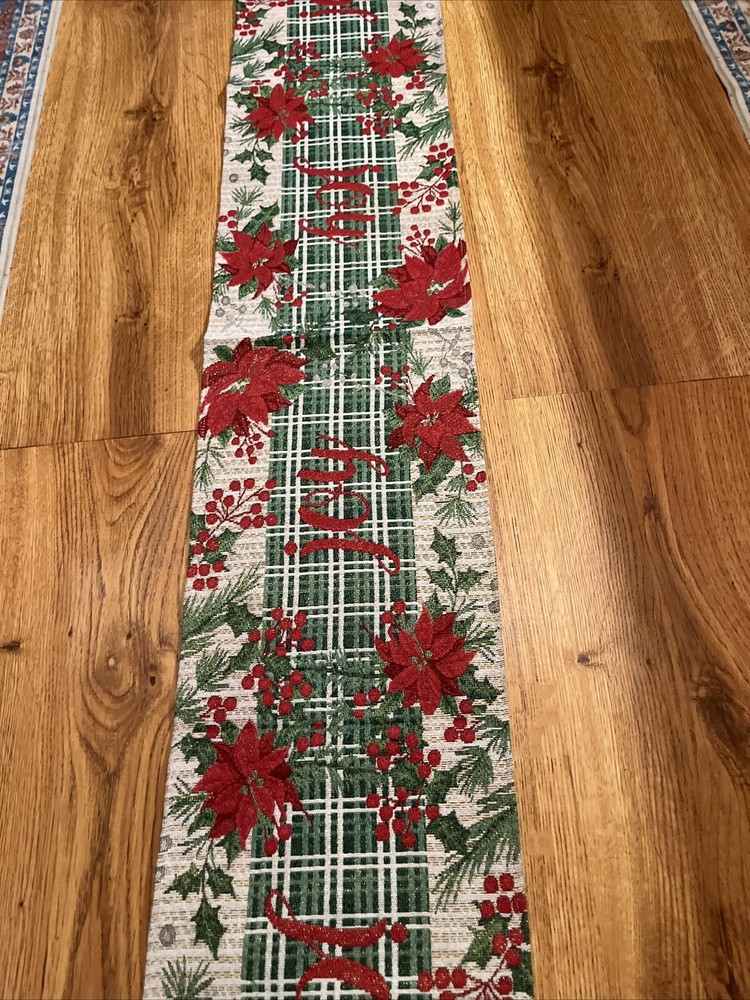 Christmas table runner poinsettias/ JOY EUC 13” x 70”