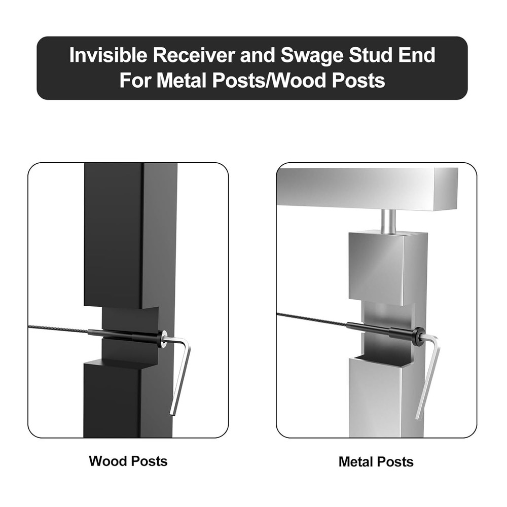 50 Pack 1/8" Black Invisible Receiver and Swage Stud End Fits Cable Railing Deck