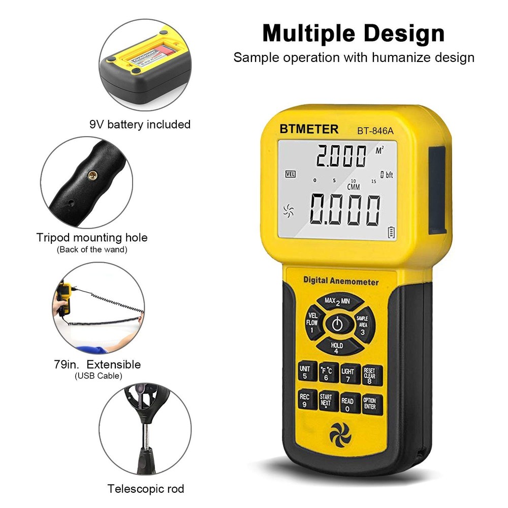 BT-846A Pro HVAC Anemometer Measures Wind Speed, Wind Flow, Wind Temperature,...