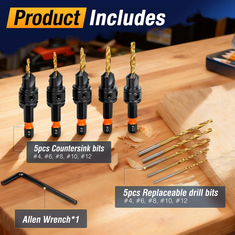 Countersink Drill Bit Set, 11pcs Countersink Drill Bits#4, #6, #8, #10, #12, Tit