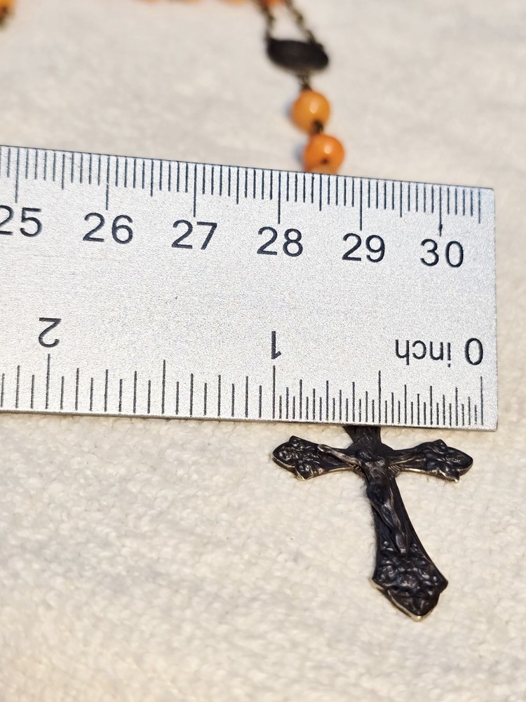 Antique French Rosary Real Angel Skin Coral Beads Silver Catholic Crucifix 22"