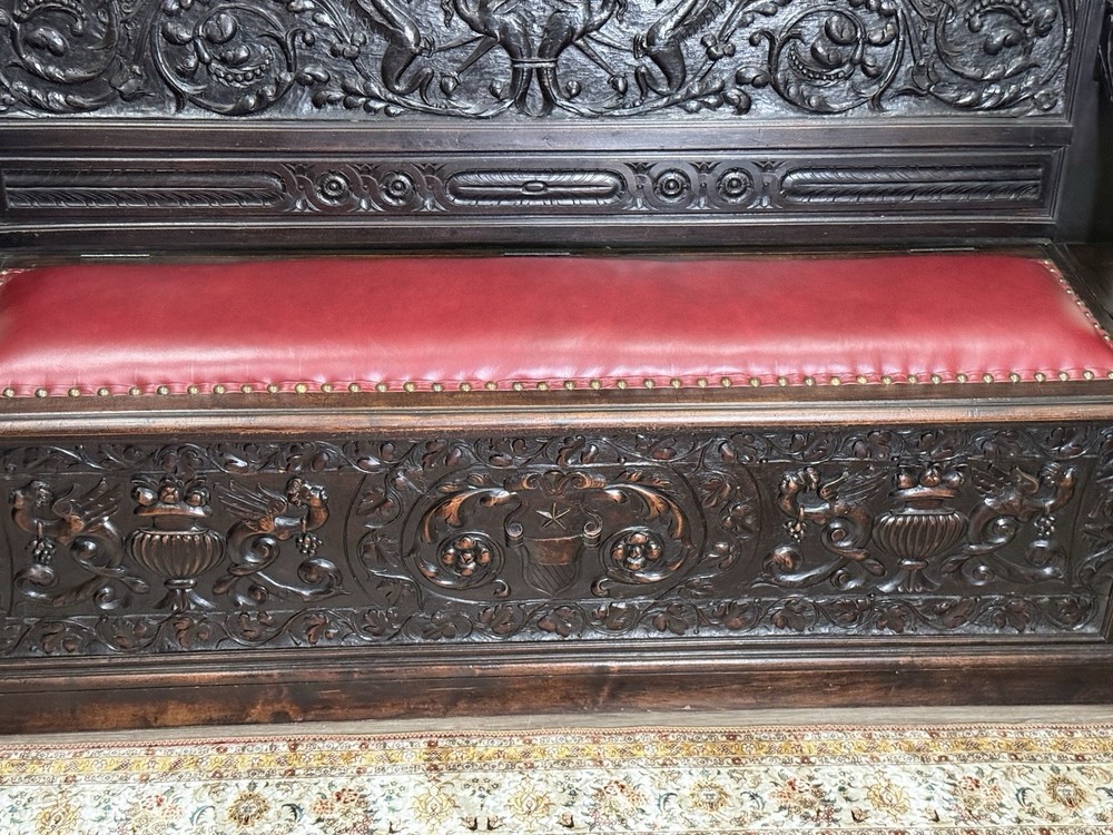 French Antique Renaissance Carved Walnut Bench w/ Storage