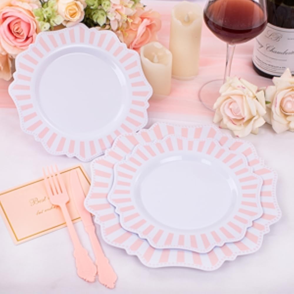 Disposable Pink and White Stripped Plastic Plates and Sierware