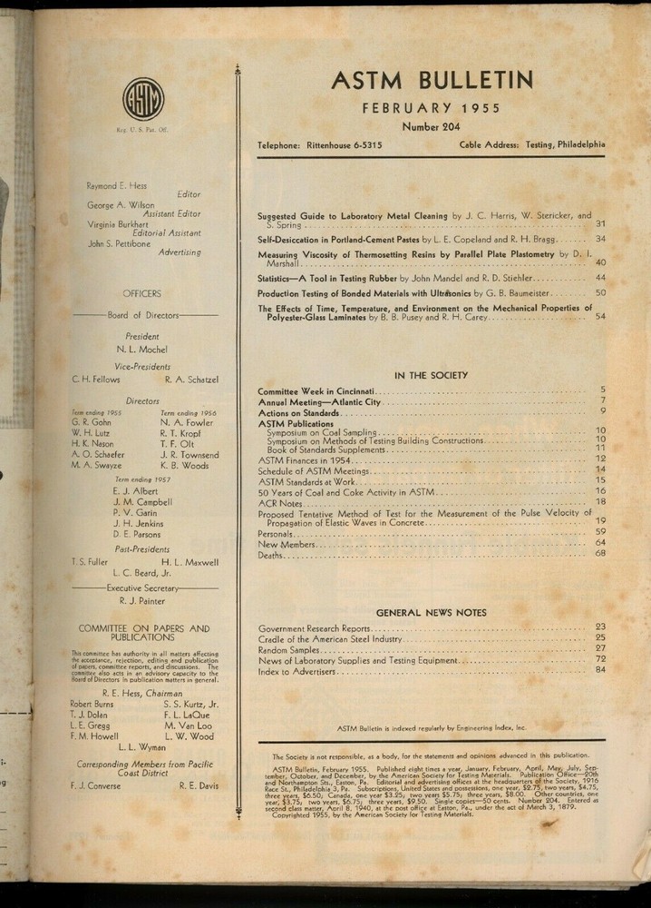 1955 ASTM Bulletin Technical Publication Magazine Science Engineering Materials