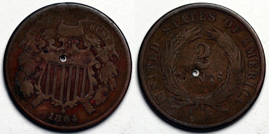1864 Two Cent Piece - Holed