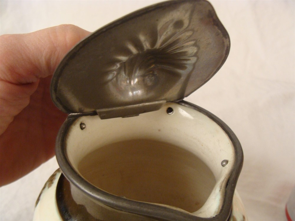 Antique 19C Prattware Pottery Pitcher Hunt Scene Dog Handle