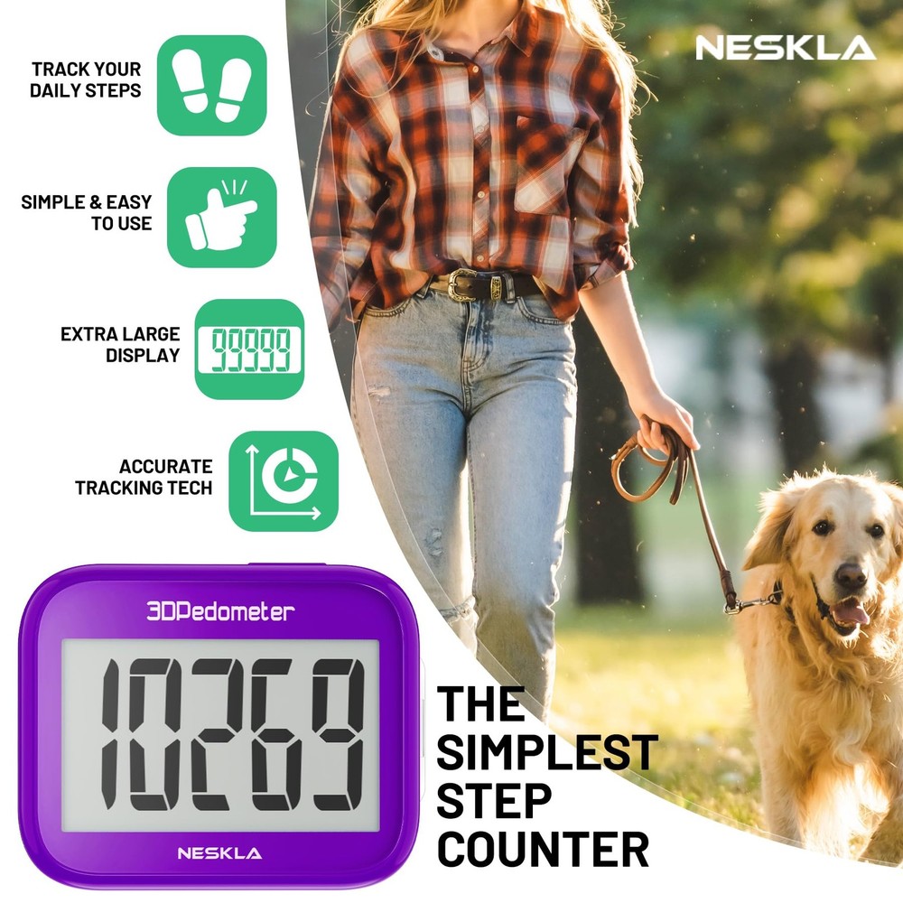 NESKLA 3D Pedometer for Walking, Simple Step Counter with Large Large, Purple
