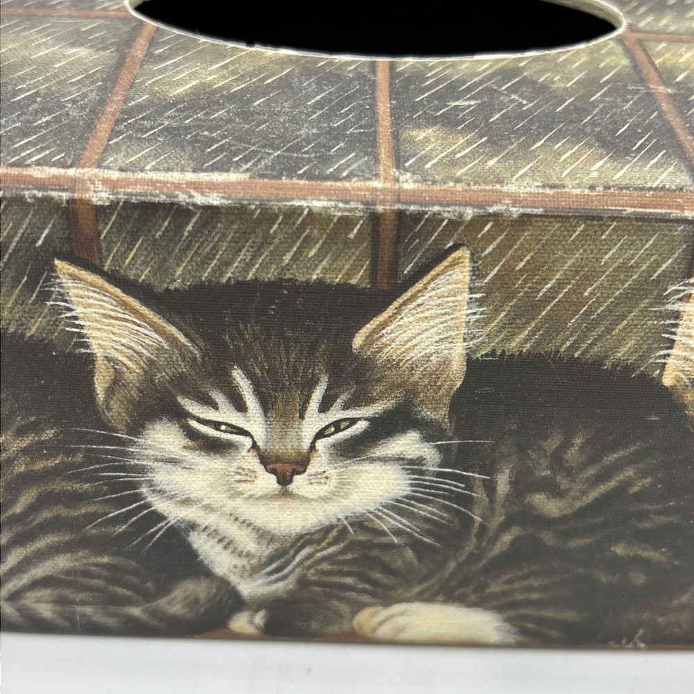 Primitive Tissue Box Bob’s Boxes All Creatures Cats Kittens Rainy Window VTG