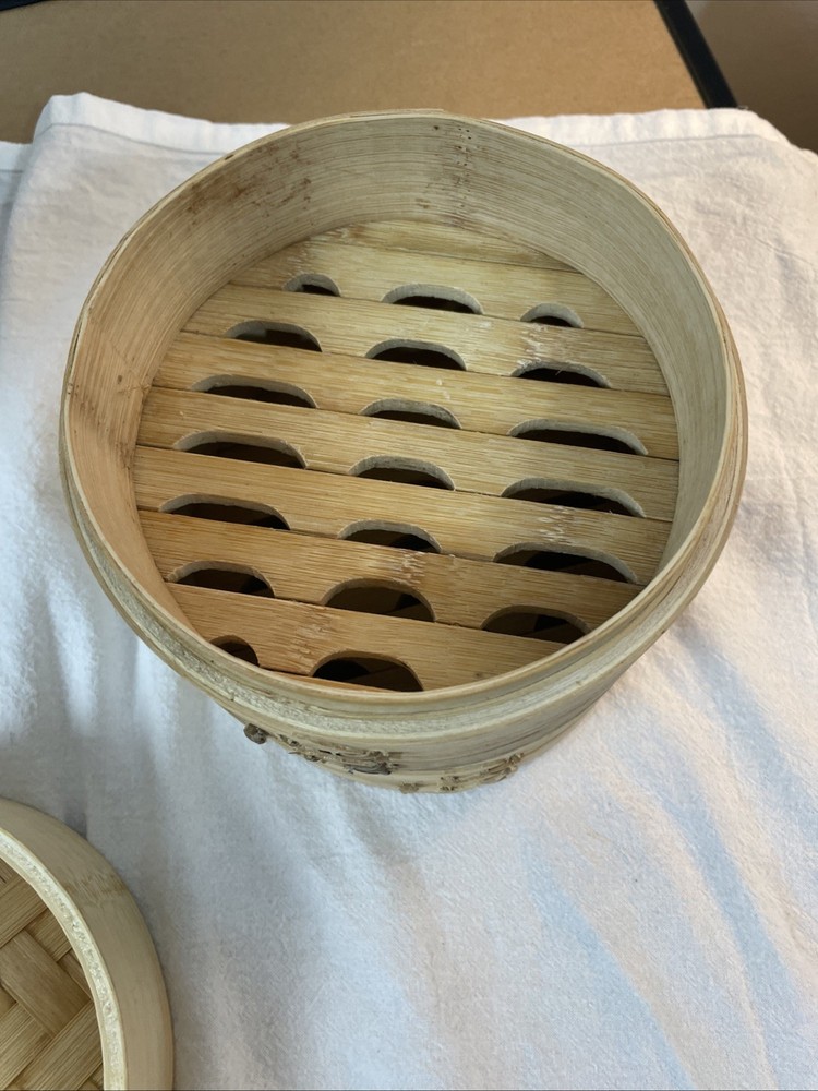 2 Tiered Bamboo Stackable Steamer with Lid 6 Inch Diameter 1.5 Inches Deep