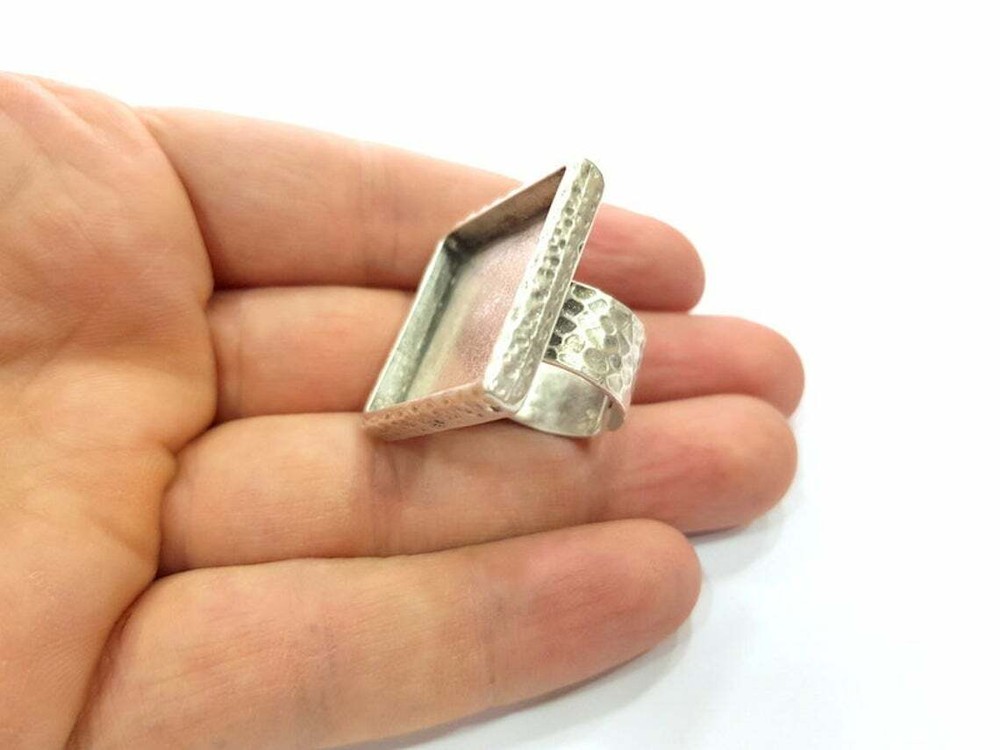 Hammered Square Ring Blank Base Bezel Setting Adjustable Antique Silver