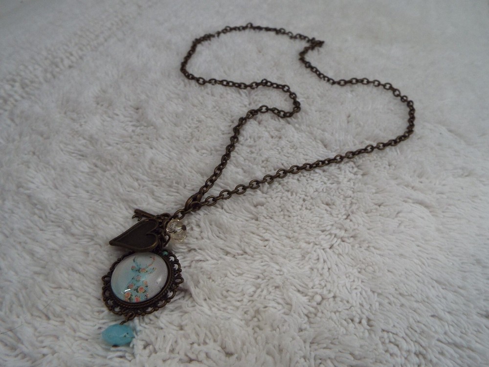 Brasstone Blue Bead Charm Cluster Pendant Necklace (C48)
