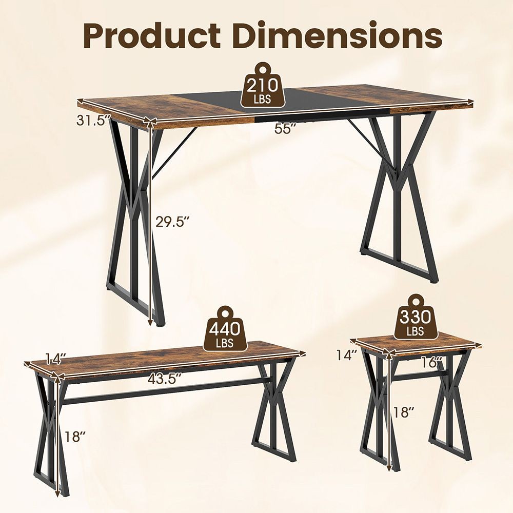 Space-Saving 5-Pc Industrial Dining Set: Table, Benches, Stools