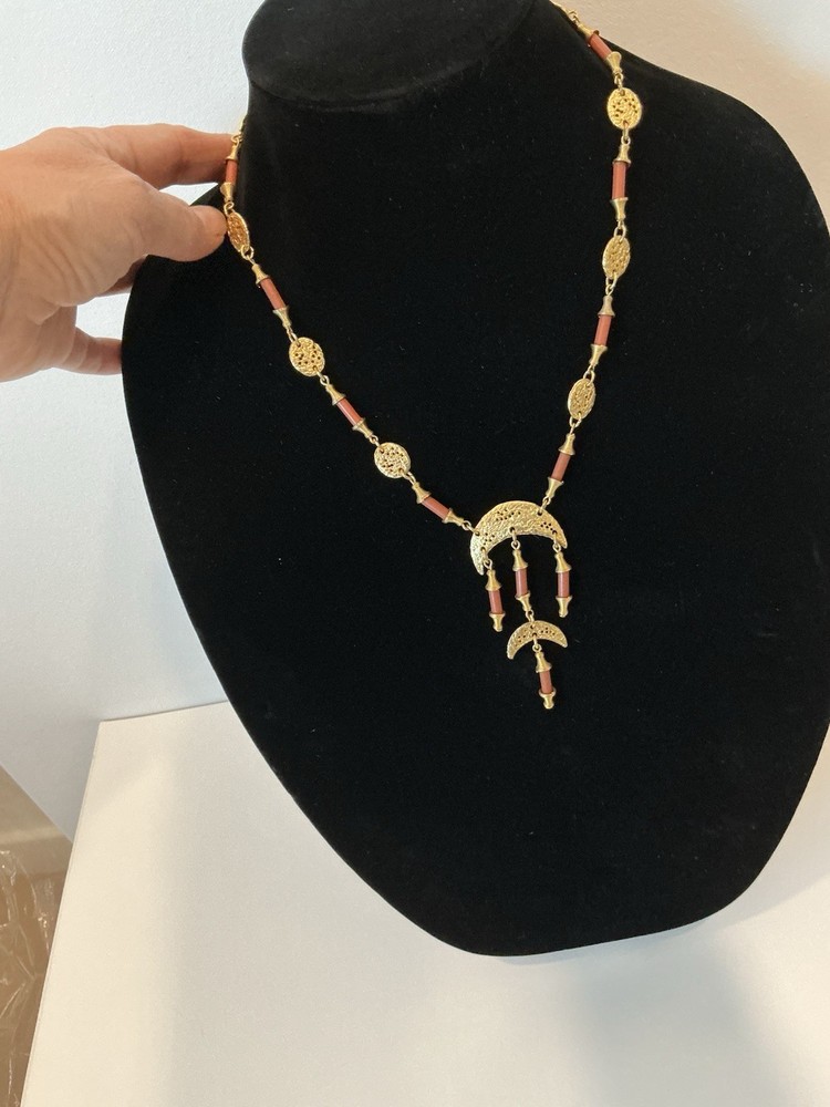 Boho Style Necklace with Gold Tone Disks & Rust Beads Dangling Charm