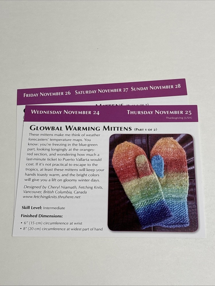 Glowbal Warming Mittens Knitting Pattern Cards Pages