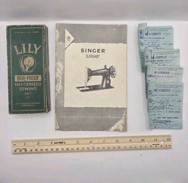 Vintage Lily Mercerized Sewing Thread Empty Box & 1966 Singer Manual & Receipts.