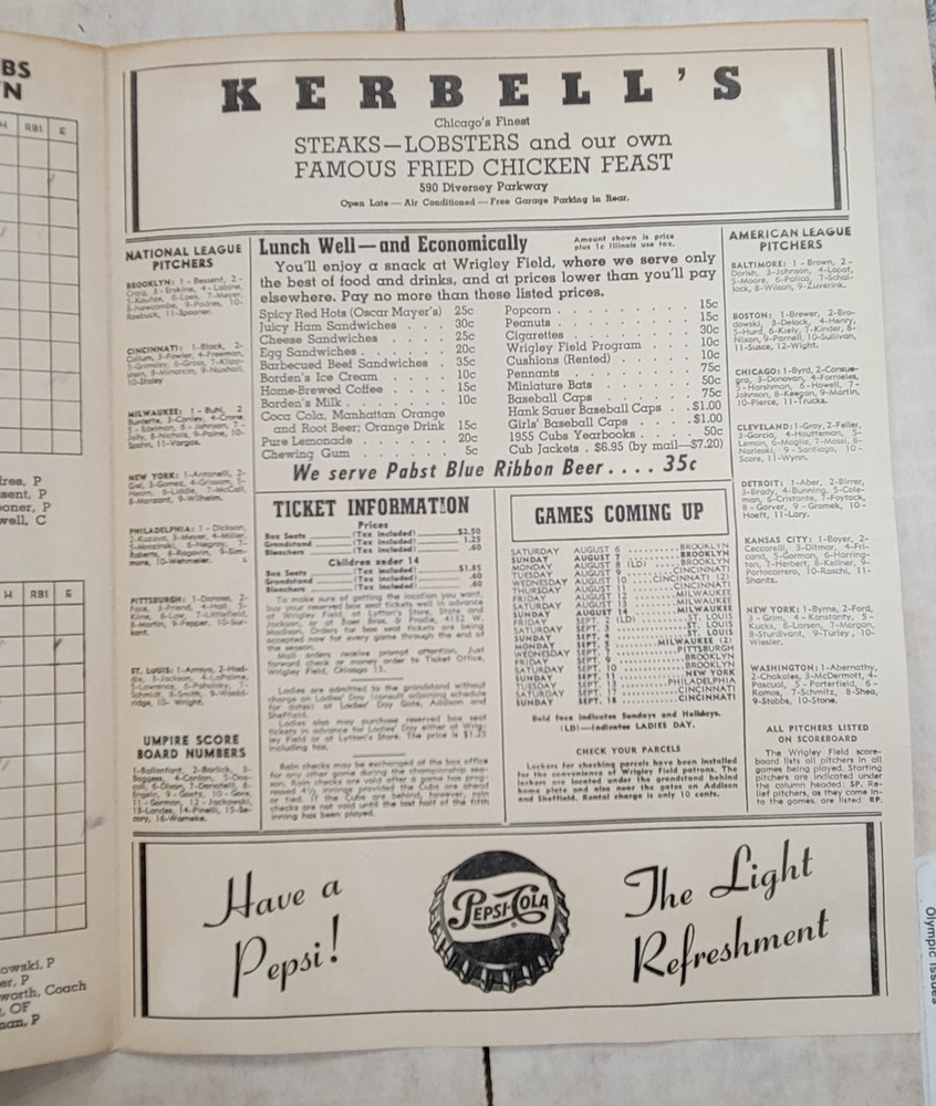 WOW!!! 1955 Brookly @ Cubs Program Scorecard