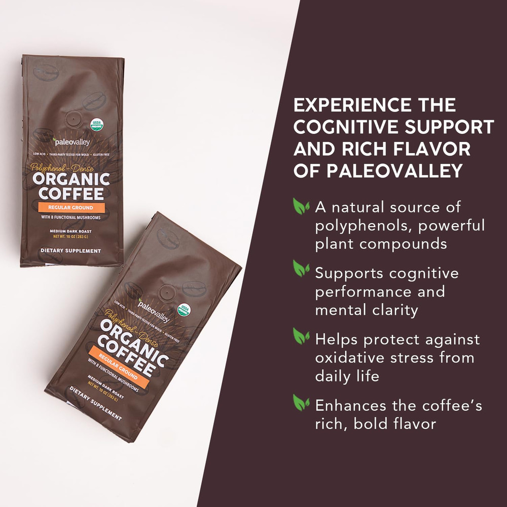 Organic Ground Coffee, 10oz - Regular, Low Acid, Single-Origin, Polyphenol-Rich,