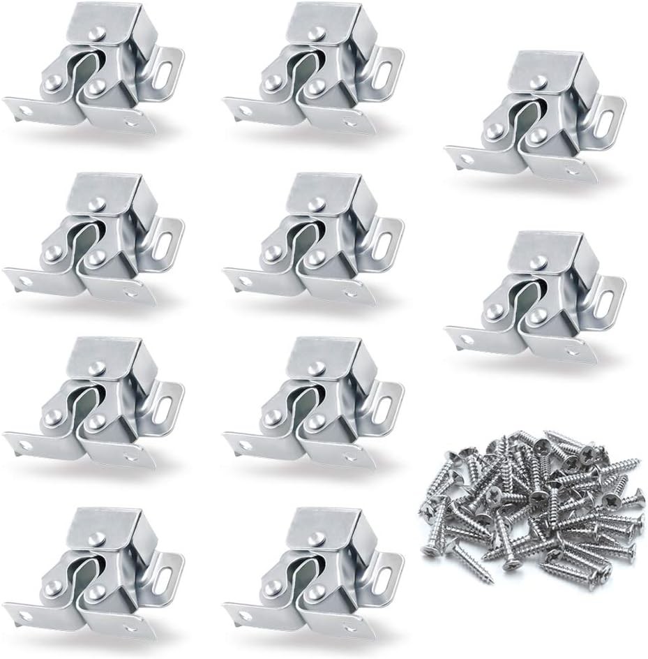 10 Pack Double Roller Catch Cabinet Latches with Spear Strike for Cupboard Close