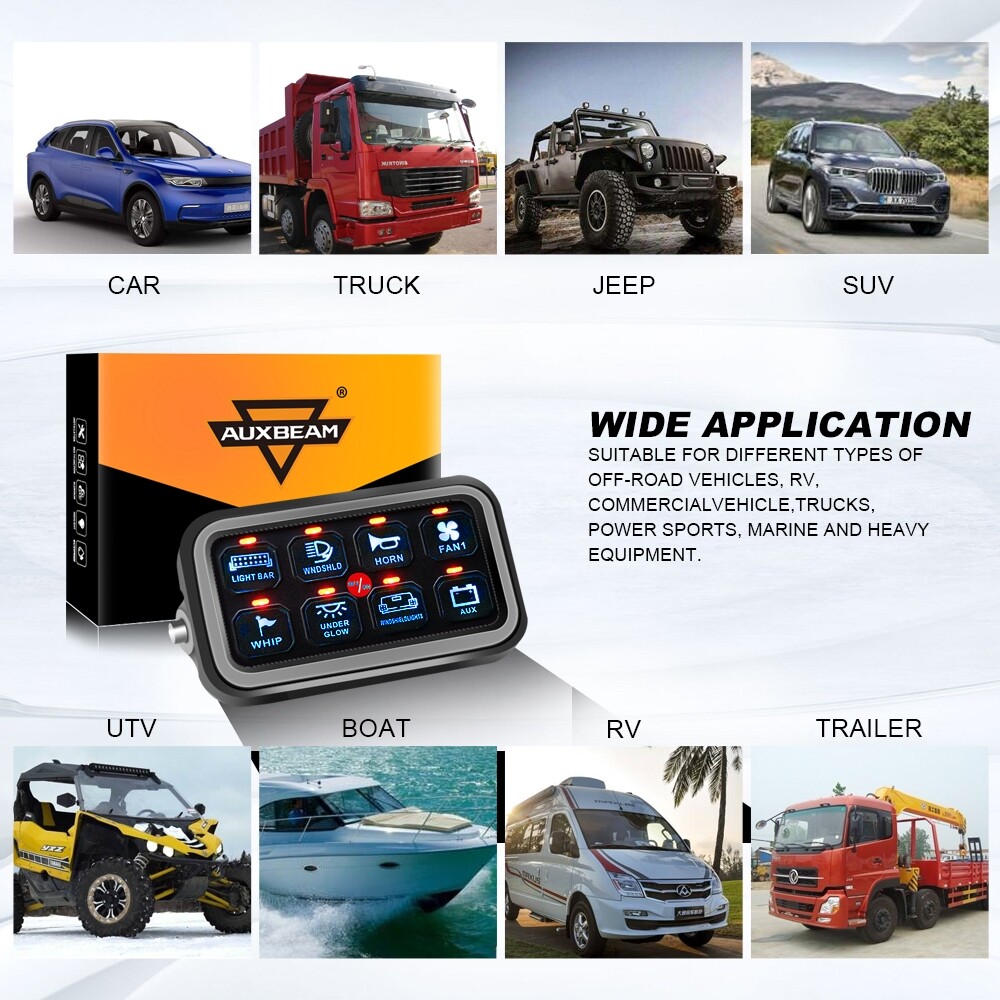 AUXBEAM 8 Gang Switch Panel On-Off LED Light Circuit Control (Blue Back light)