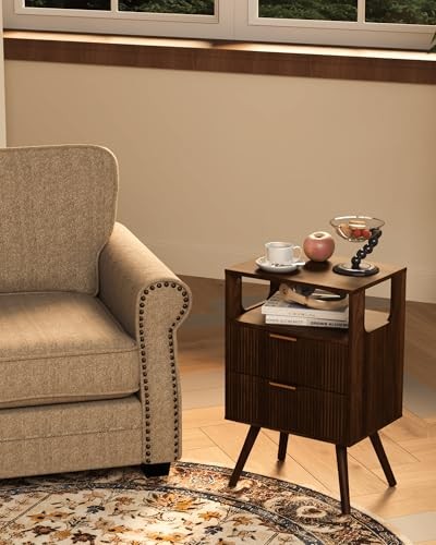 Nightstand,Modern Bedside Table with 2 Storage Drawer and Open Walnut Brown