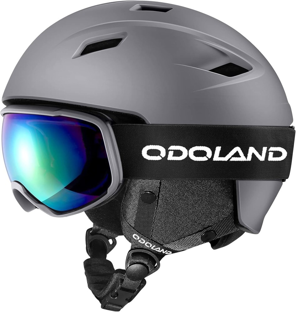 Odoland Snow Ski Helmet & Goggles Set  - Adjustable - Grey - Medium 55-59cm