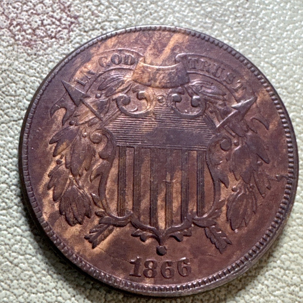 1866 US UNION SHIELD Copper Two Cents - 2 Cent Piece - Great Condition