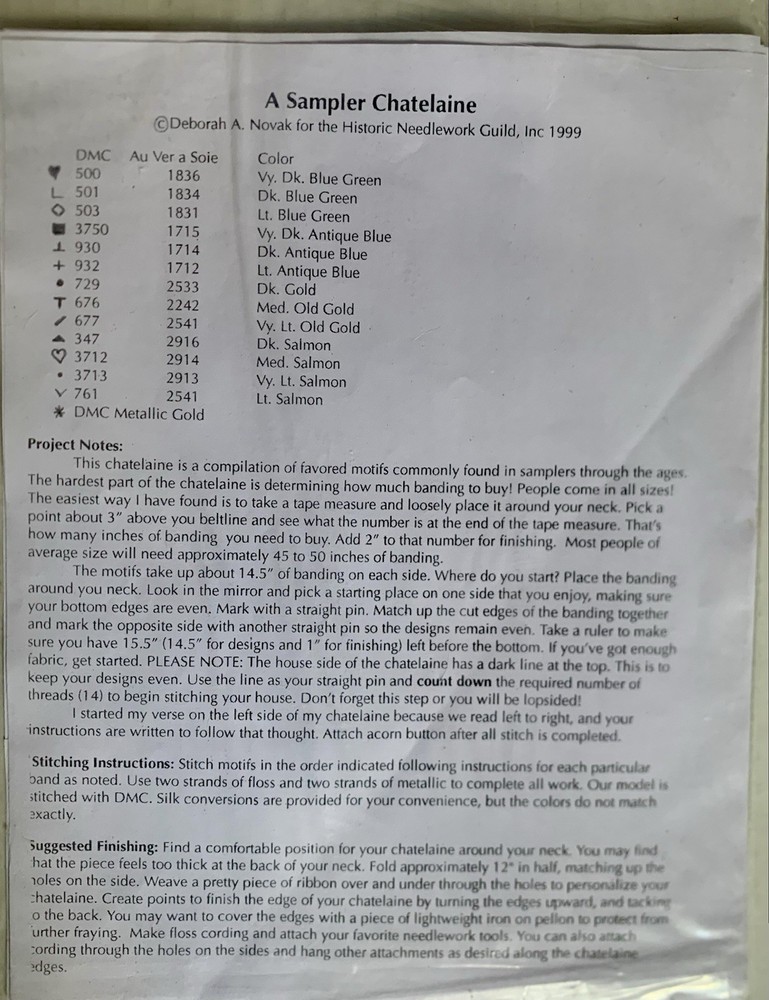 Historic Needlework Guild Sampler Chatelaine Cross Stitch Chart VTG 1999