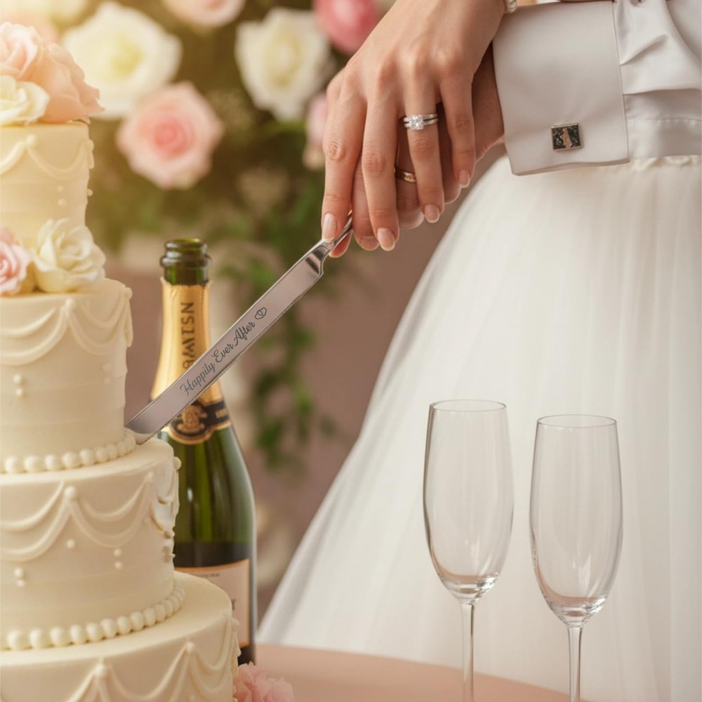 4 PCS Wedding Cake Cutting Set Knife Server Forks Bride Groom Silverware