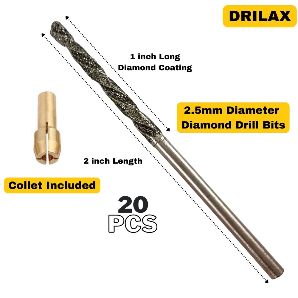 Drilax 20 Pc 2.5mm Diamond Drill Bit Set, Rotary Tool Bits with Collet,