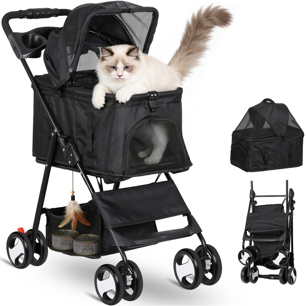 Dog Stroller Cat Stroller 3-in-1 Multifunctional with 4 Wheels Black Foldable