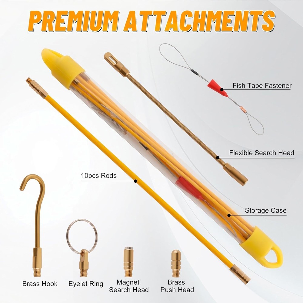 11FT Fiberglass Running Electrical Wire Cable Glow Rods Wire Pulling Tools Fi...