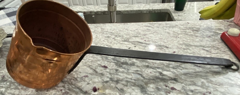 Solid Hammered Copper Pot 8”wide with Long Cast Iron Handle For Hanging. Mint!