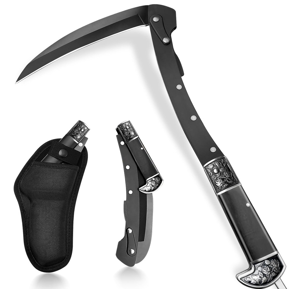 Black Sharp Folding Sickle , Section Foldable Scythe , Wooden Handle Folding ...