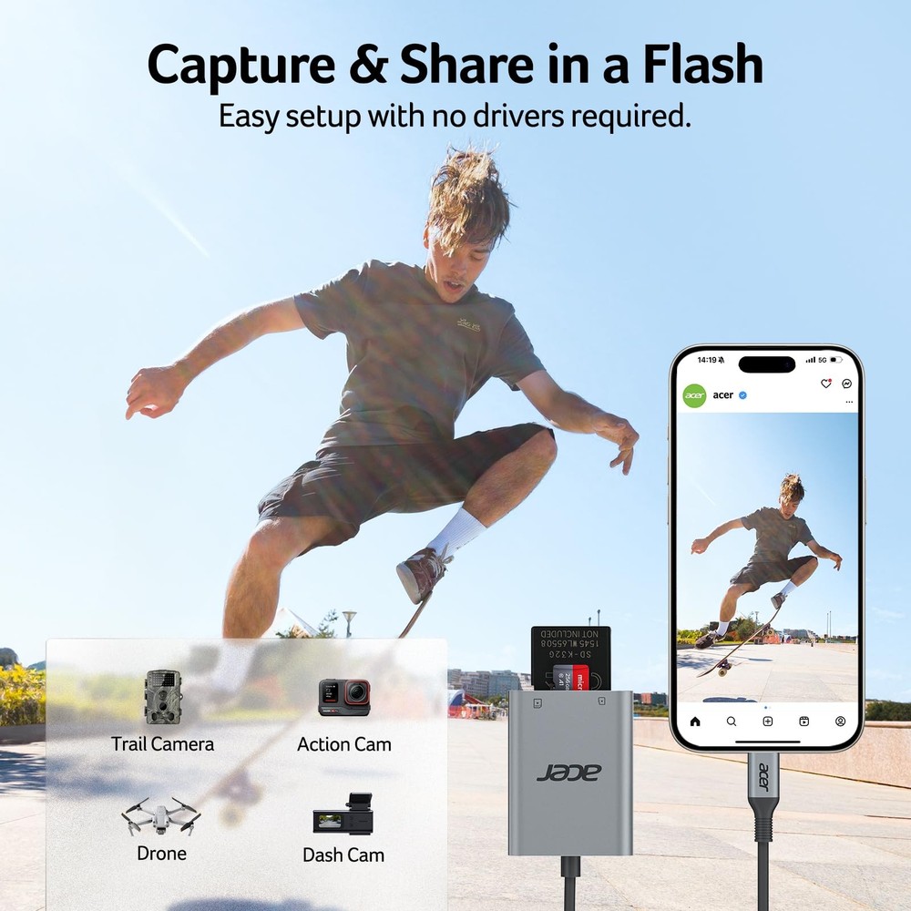 Acer SD Card Reader USB C, Dual Slots Type C to Memory Reader, Grey