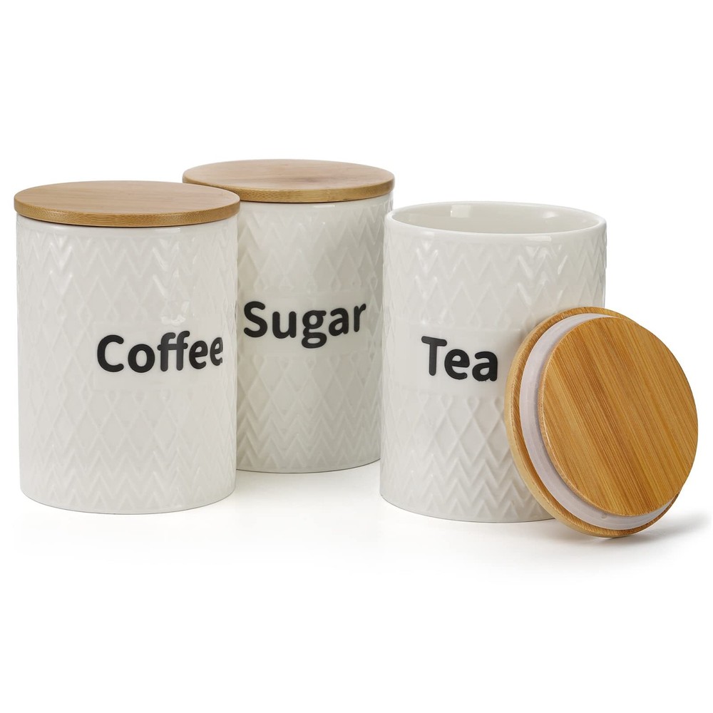 3 Pack Ceramic Kitchen Canister Set Tea Coffee Sugar Container Set