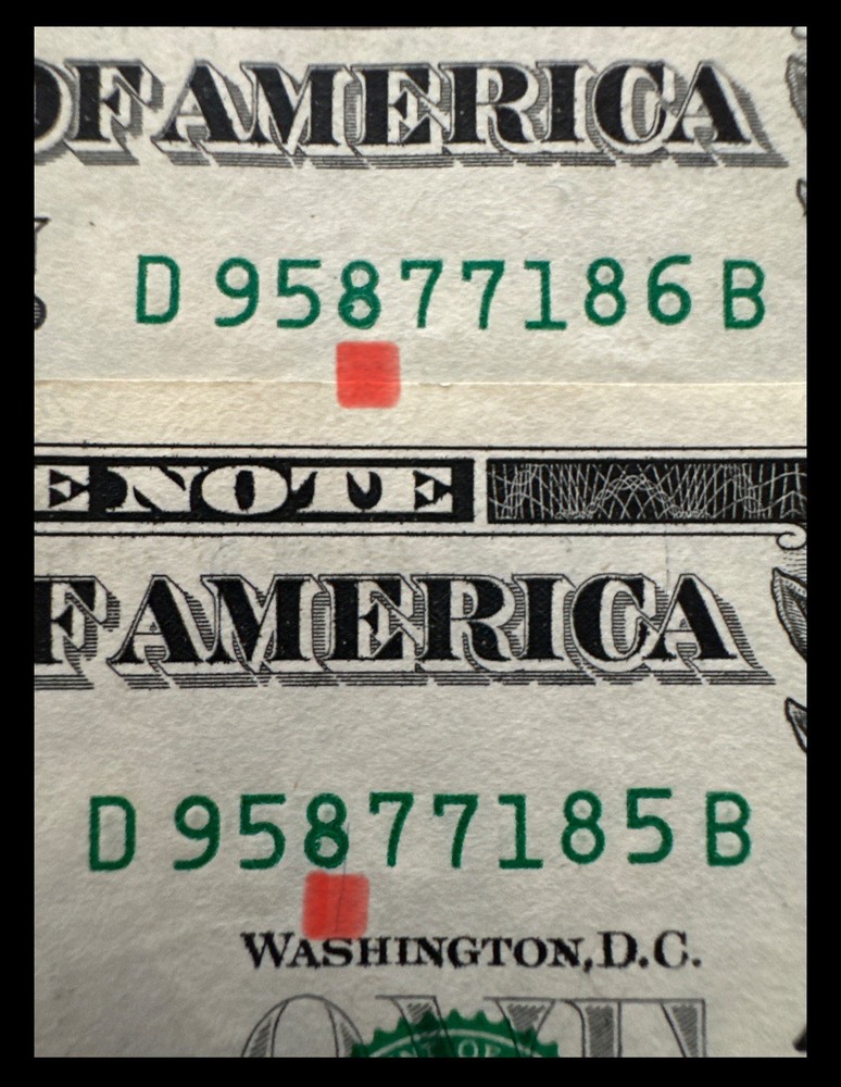 Two (2) 2021 $1 Sequential Notes with IDENTICAL Over Inked/smudge on Upper #8’s