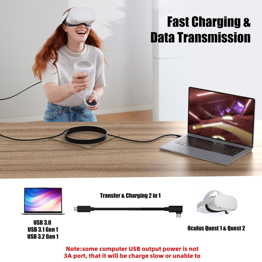 16FT Link Cable For Oculus Quest 2 Type-C 3.2 Right Angle To USB C Charging Cord
