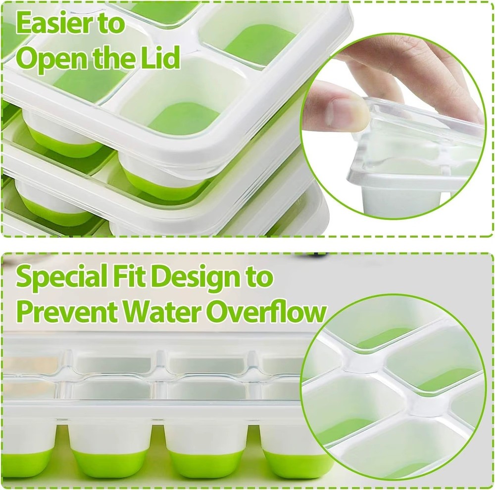 Ice Cube Tray, 4 Pack Silicone Ice Tray, 14 Ice Cube Molds with Lids, Stackable