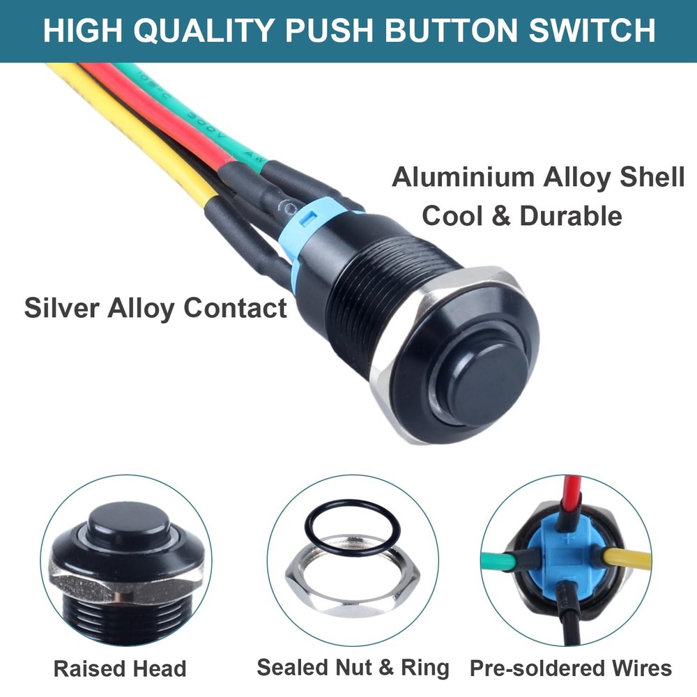 5Pcs 12mm Latching led Push Button Switch Black Shell with Shell, Red