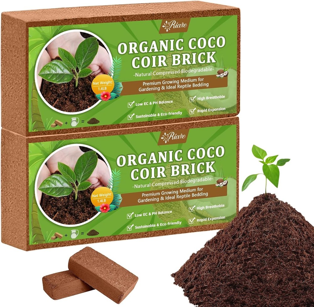 Riare 2pcs Organic Coco Coir Bricks Soil Blocks- 100% Natural Compressed Coco Pe
